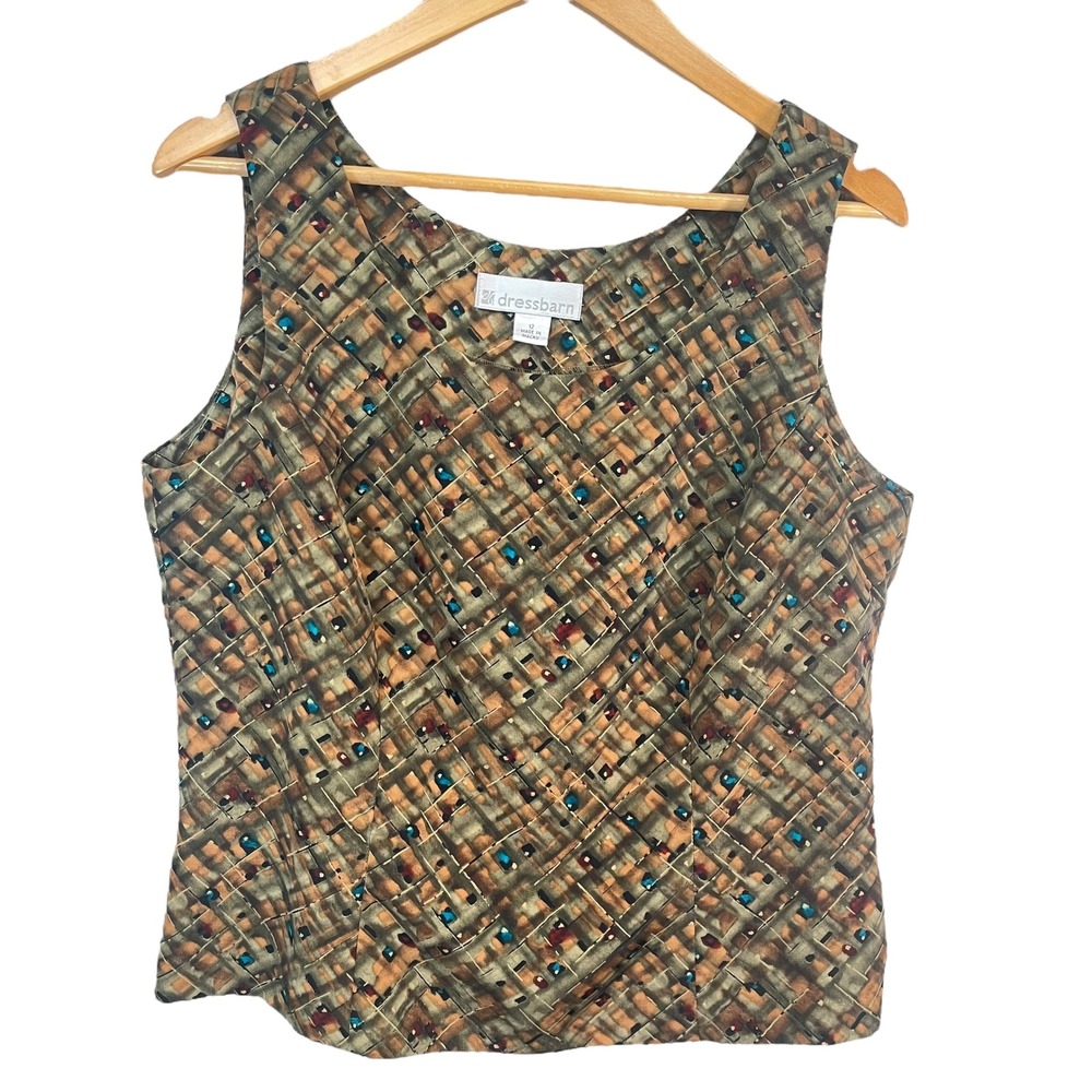 Dressbarn Women's Y2K Retro Olive‎ Geometric Abstract Sleeveless Top Size 12